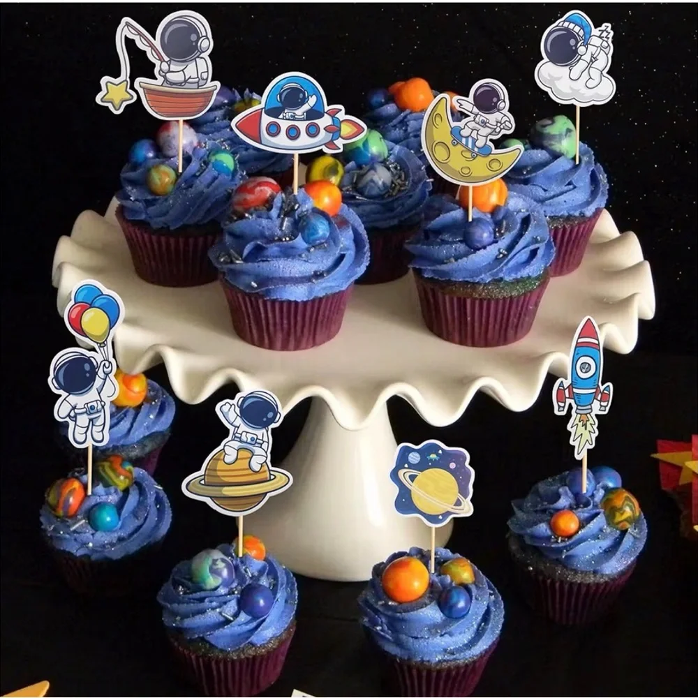 24~Space Astronaut Cupcake Toppers Rocket Planet Trip to the Moon Decorations